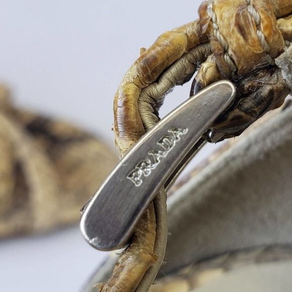 Prada Snake Leather Ankle Strap Woven Raffia Wedge Heel Sandals Size 36.5 Italy - Picture 11 of 16